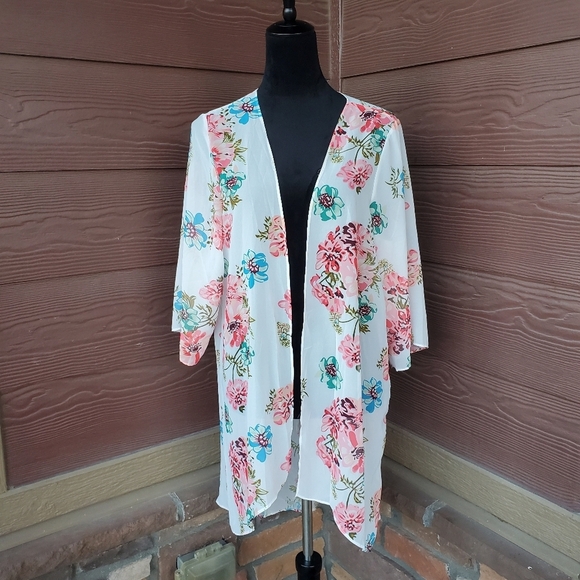 White Coral Blue Green Floral Open Front Kimono Women's Size Medium NWOT - Picture 3 of 13